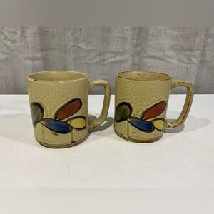 Vintage Set of 2 MCM/70’s Stoneware Coffee Mugs Speckled with Painted Birds
